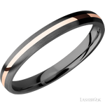 3 mm wide/Domed/Zirconium band with one 1 mm Centered inlay of 14K Rose Gold.