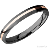 3 mm wide/Domed/Zirconium band with one 1 mm Centered inlay of 14K Rose Gold.