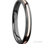 3 mm wide/Domed/Zirconium band with one 1 mm Centered inlay of 14K Rose Gold.