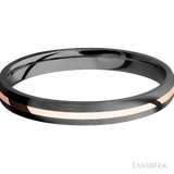 3 mm wide/Domed/Zirconium band with one 1 mm Centered inlay of 14K Rose Gold.