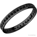 3 mm wide/Flat/Zirconium band with an Eternity arrangement of .03 carat Round Black Diamond stones in a Bead setting.