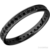 3 mm wide/Flat/Zirconium band with an Eternity arrangement of .03 carat Round Black Diamond stones in a Bead setting.