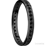3 mm wide/Flat/Zirconium band with an Eternity arrangement of .03 carat Round Black Diamond stones in a Bead setting.