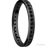 3 mm wide/Flat/Zirconium band with an Eternity arrangement of .03 carat Round Black Diamond stones in a Bead setting.
