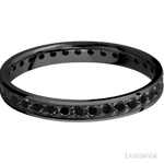 3 mm wide/Flat/Zirconium band with an Eternity arrangement of .03 carat Round Black Diamond stones in a Bead setting.