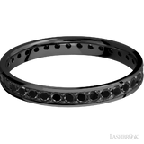 3 mm wide/Flat/Zirconium band with an Eternity arrangement of .03 carat Round Black Diamond stones in a Bead setting.