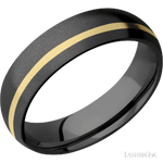 6 mm wide/Domed/Zirconium band with one 1 mm Off Center inlay of 14K Yellow Gold.