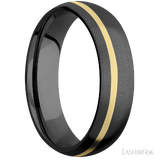 6 mm wide/Domed/Zirconium band with one 1 mm Off Center inlay of 14K Yellow Gold.