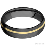6 mm wide/Domed/Zirconium band with one 1 mm Off Center inlay of 14K Yellow Gold.