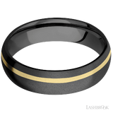 6 mm wide/Domed/Zirconium band with one 1 mm Off Center inlay of 14K Yellow Gold.