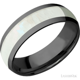 7 mm wide/Domed/Zirconium band with one 4 mm Centered inlay of Freshwater Mother of Pearl.