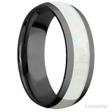 7 mm wide/Domed/Zirconium band with one 4 mm Centered inlay of Freshwater Mother of Pearl.