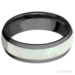 7 mm wide/Domed/Zirconium band with one 4 mm Centered inlay of Freshwater Mother of Pearl.