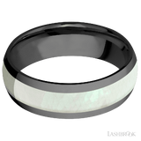 7 mm wide/Domed/Zirconium band with one 4 mm Centered inlay of Freshwater Mother of Pearl.