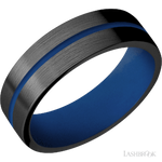 7 mm wide/Flat/Zirconium band with one 1 mm Centered inlay of Royal Blue also featuring a Royal Blue sleeve.