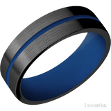 7 mm wide/Flat/Zirconium band with one 1 mm Centered inlay of Royal Blue also featuring a Royal Blue sleeve.