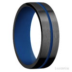 7 mm wide/Flat/Zirconium band with one 1 mm Centered inlay of Royal Blue also featuring a Royal Blue sleeve.