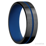 7 mm wide/Flat/Zirconium band with one 1 mm Centered inlay of Royal Blue also featuring a Royal Blue sleeve.