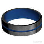 7 mm wide/Flat/Zirconium band with one 1 mm Centered inlay of Royal Blue also featuring a Royal Blue sleeve.