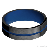 7 mm wide/Flat/Zirconium band with one 1 mm Centered inlay of Royal Blue also featuring a Royal Blue sleeve.