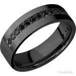 7 mm wide/Flat/Zirconium band with a Half Eternity arrangement of .03 carat Round Black Diamond stones in a Bead setting.