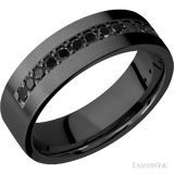 7 mm wide/Flat/Zirconium band with a Half Eternity arrangement of .03 carat Round Black Diamond stones in a Bead setting.