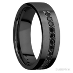 7 mm wide/Flat/Zirconium band with a Half Eternity arrangement of .03 carat Round Black Diamond stones in a Bead setting.