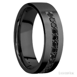 7 mm wide/Flat/Zirconium band with a Half Eternity arrangement of .03 carat Round Black Diamond stones in a Bead setting.