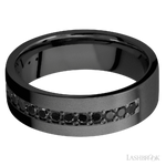7 mm wide/Flat/Zirconium band with a Half Eternity arrangement of .03 carat Round Black Diamond stones in a Bead setting.