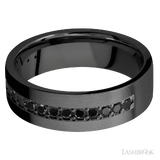 7 mm wide/Flat/Zirconium band with a Half Eternity arrangement of .03 carat Round Black Diamond stones in a Bead setting.