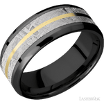 8 mm wide/Beveled/Zirconium band featuring inlays of Meteorite and 14K Yellow Gold.