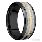 8 mm wide/Beveled/Zirconium band featuring inlays of Meteorite and 14K Yellow Gold.