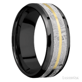8 mm wide/Beveled/Zirconium band featuring inlays of Meteorite and 14K Yellow Gold.