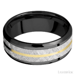 8 mm wide/Beveled/Zirconium band featuring inlays of Meteorite and 14K Yellow Gold.