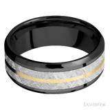 8 mm wide/Beveled/Zirconium band featuring inlays of Meteorite and 14K Yellow Gold.