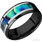 8 mm wide/Beveled/Zirconium band featuring inlays of Palladium Silver and Abalone.
