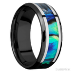 8 mm wide/Beveled/Zirconium band featuring inlays of Palladium Silver and Abalone.