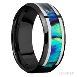 8 mm wide/Beveled/Zirconium band featuring inlays of Palladium Silver and Abalone.