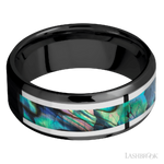 8 mm wide/Beveled/Zirconium band featuring inlays of Palladium Silver and Abalone.