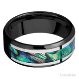 8 mm wide/Beveled/Zirconium band featuring inlays of Palladium Silver and Abalone.