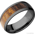 8 mm wide/Domed/Zirconium band with one 5 mm Centered inlay of Desert Iron Wood.