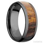 8 mm wide/Domed/Zirconium band with one 5 mm Centered inlay of Desert Iron Wood.