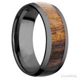 8 mm wide/Domed/Zirconium band with one 5 mm Centered inlay of Desert Iron Wood.