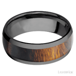8 mm wide/Domed/Zirconium band with one 5 mm Centered inlay of Desert Iron Wood.