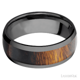 8 mm wide/Domed/Zirconium band with one 5 mm Centered inlay of Desert Iron Wood.