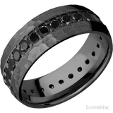 8 mm wide/Domed/Zirconium band with an Eternity arrangement of .05 carat Round Black Diamond stones in a Bead setting.