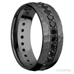 8 mm wide/Domed/Zirconium band with an Eternity arrangement of .05 carat Round Black Diamond stones in a Bead setting.