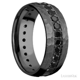 8 mm wide/Domed/Zirconium band with an Eternity arrangement of .05 carat Round Black Diamond stones in a Bead setting.