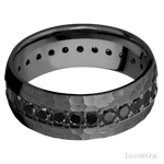 8 mm wide/Domed/Zirconium band with an Eternity arrangement of .05 carat Round Black Diamond stones in a Bead setting.