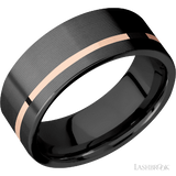 8 mm wide/Flat/Zirconium band with one 1 mm Off Center inlay of 14K Rose Gold.